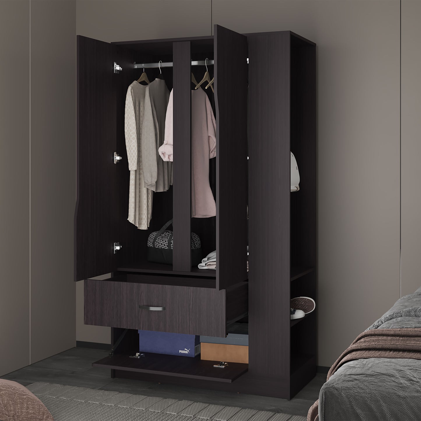Black Dakota Armoire - Freestanding Wardrobe with Hanging Rod & Shelves for Bedroom
