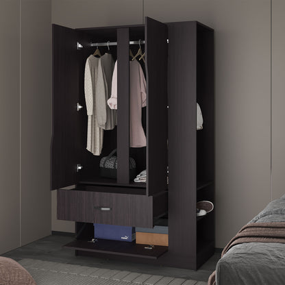 Black Dakota Armoire - Freestanding Wardrobe with Hanging Rod & Shelves for Bedroom