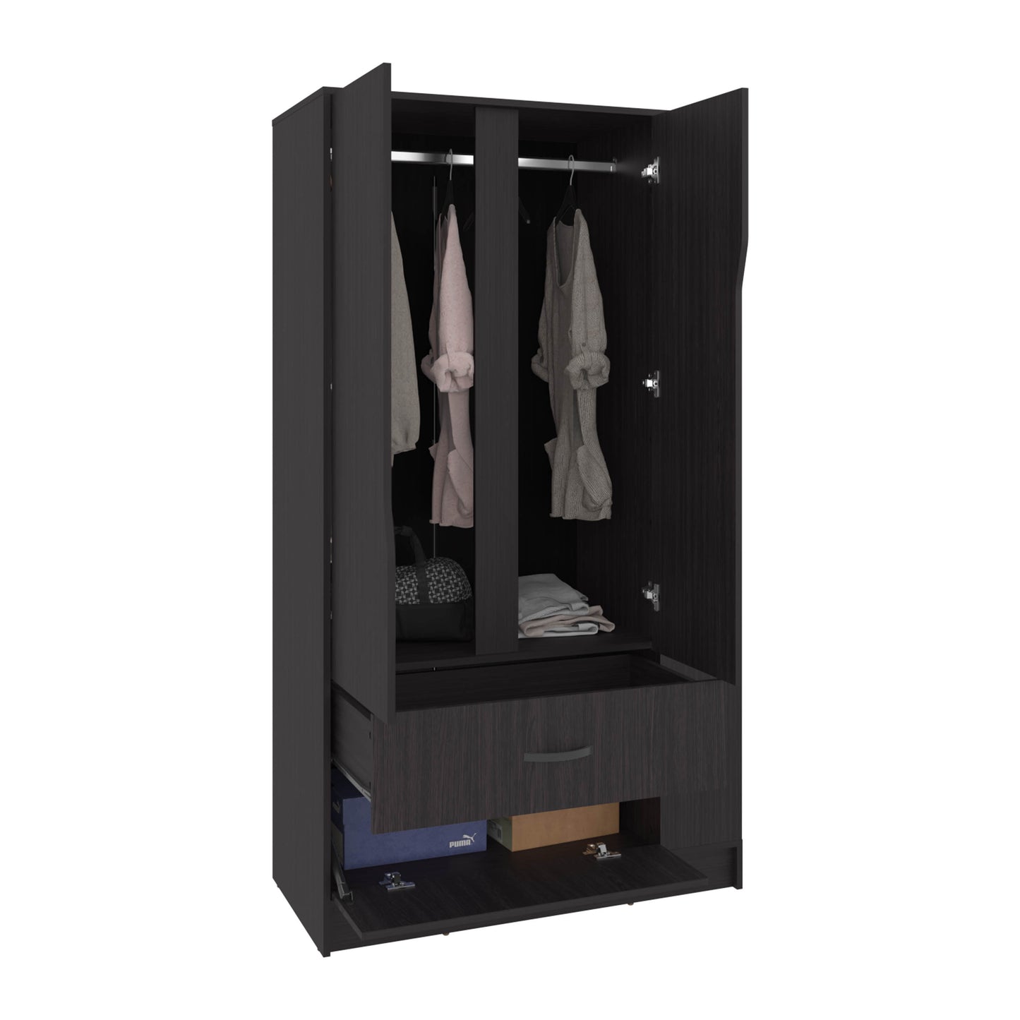 Black Dakota Armoire - Freestanding Wardrobe with Hanging Rod & Shelves for Bedroom
