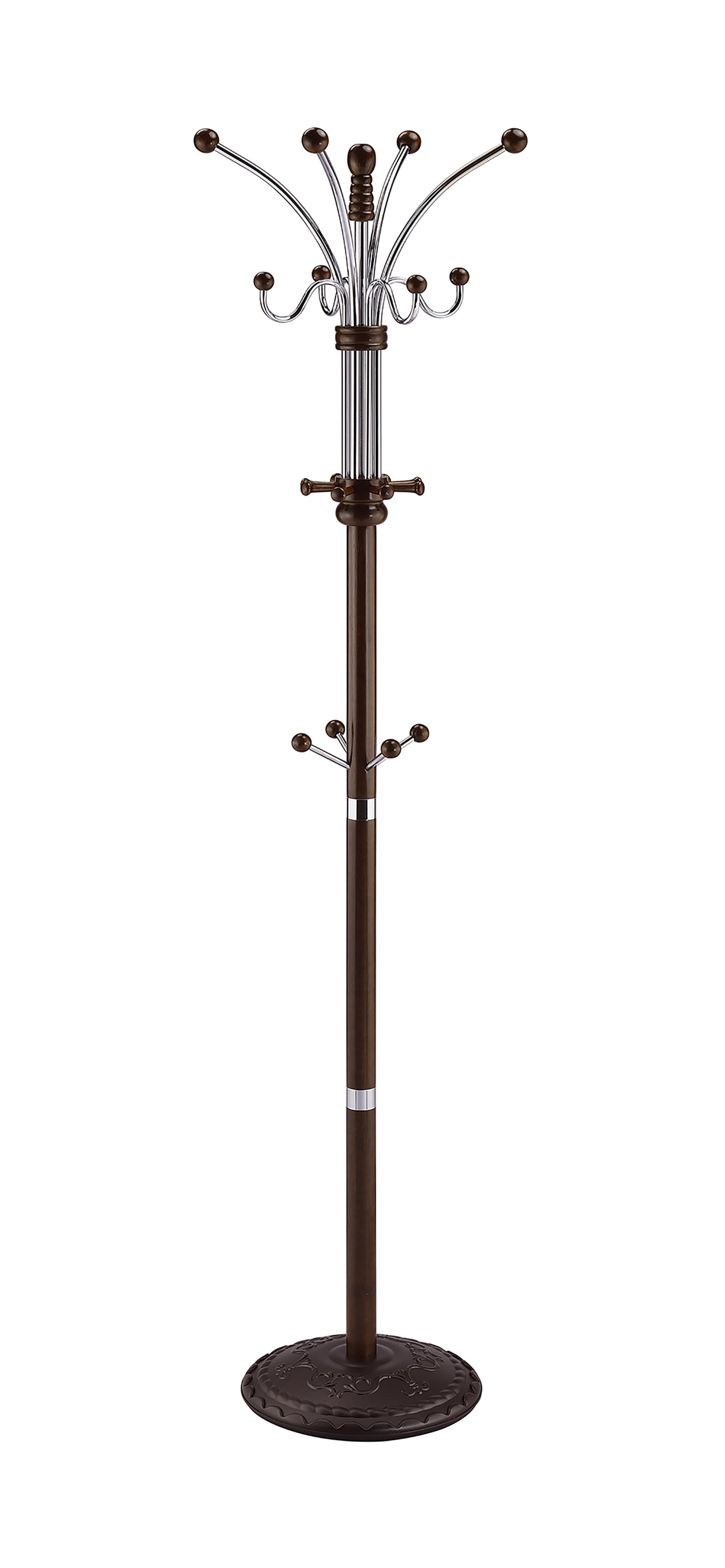 73" Tall Chrome and Wood Coat Rack, Espresso finish