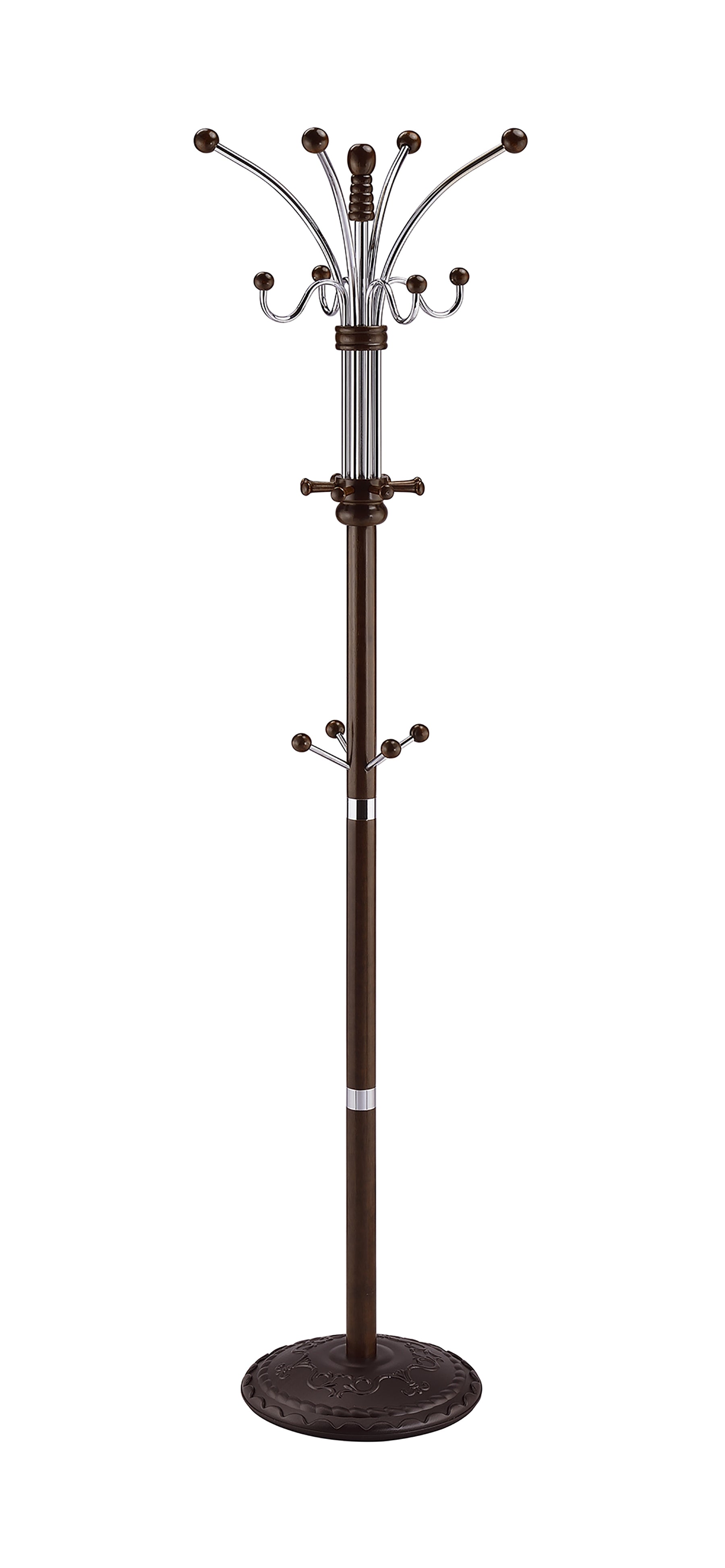 73" Tall Chrome and Wood Coat Rack, Espresso finish