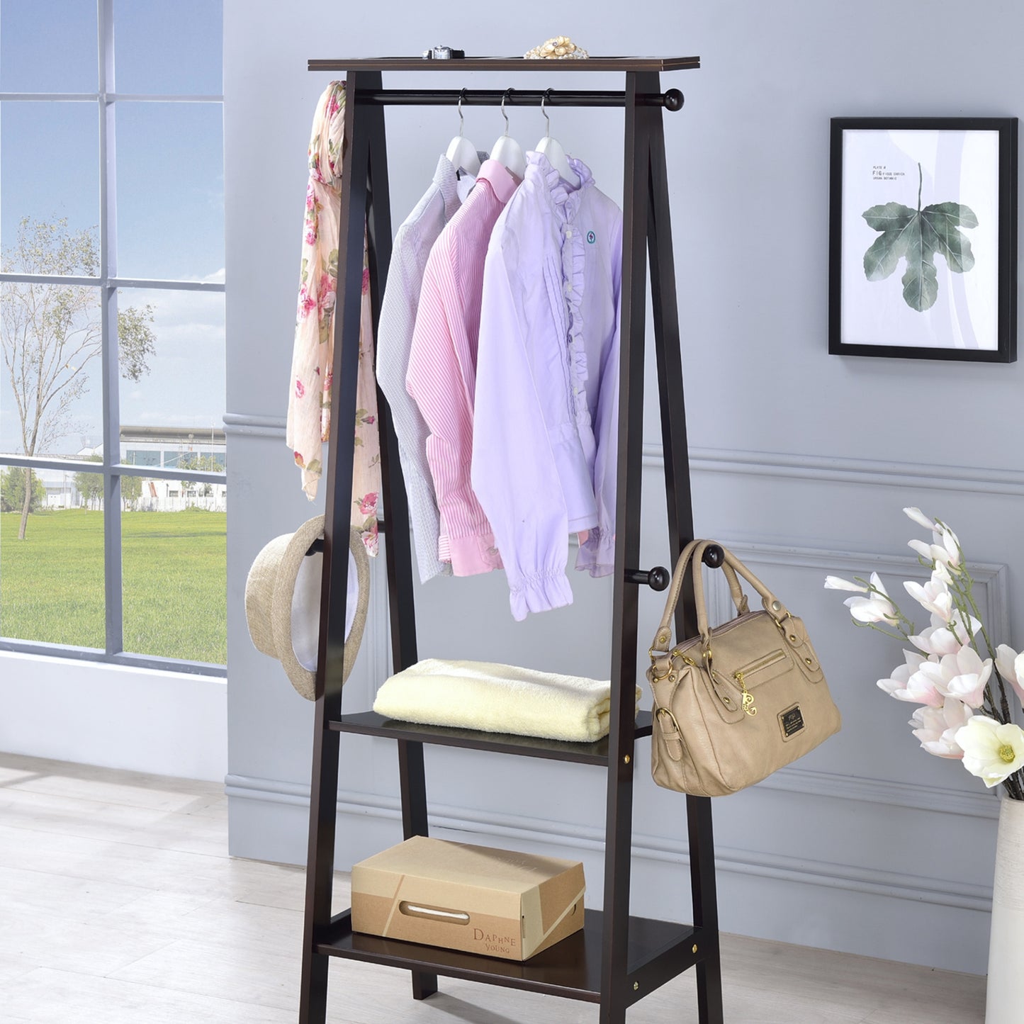 59 Inch Espresso Wood Coat Rack Storage