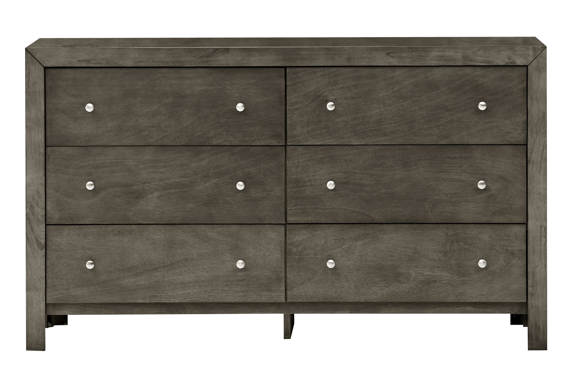Gray Particle Board Dresser with Nickel Hardware for Bedroom Storage
