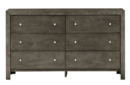 Gray Particle Board Dresser with Nickel Hardware for Bedroom Storage