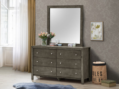Gray Particle Board Dresser with Nickel Hardware for Bedroom Storage