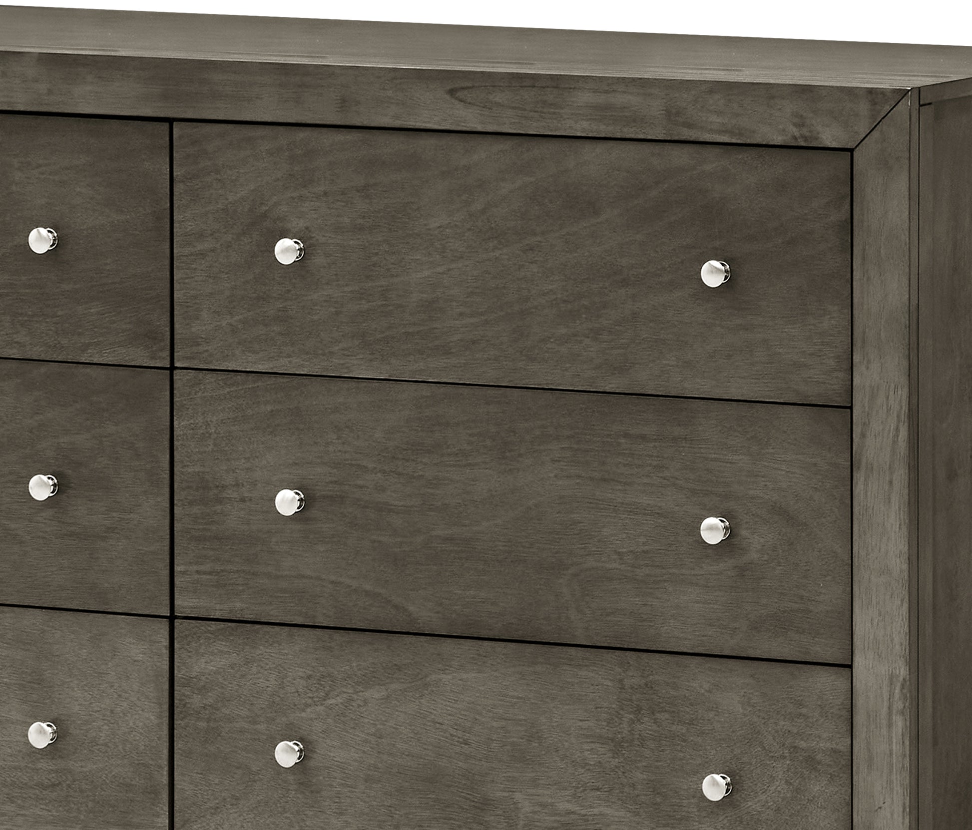 Gray Particle Board Dresser with Nickel Hardware for Bedroom Storage