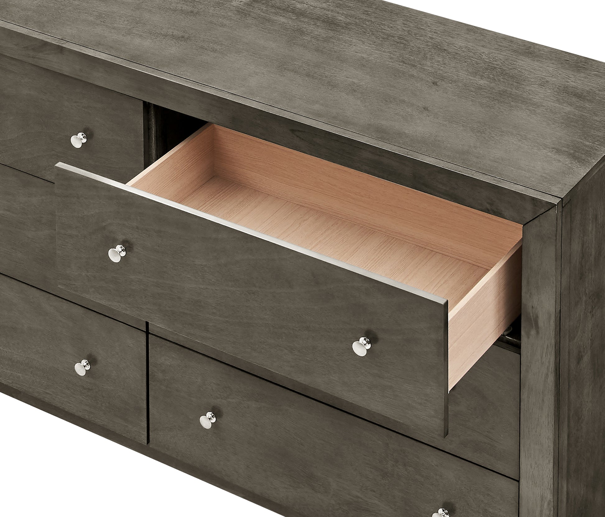 Gray Particle Board Dresser with Nickel Hardware for Bedroom Storage