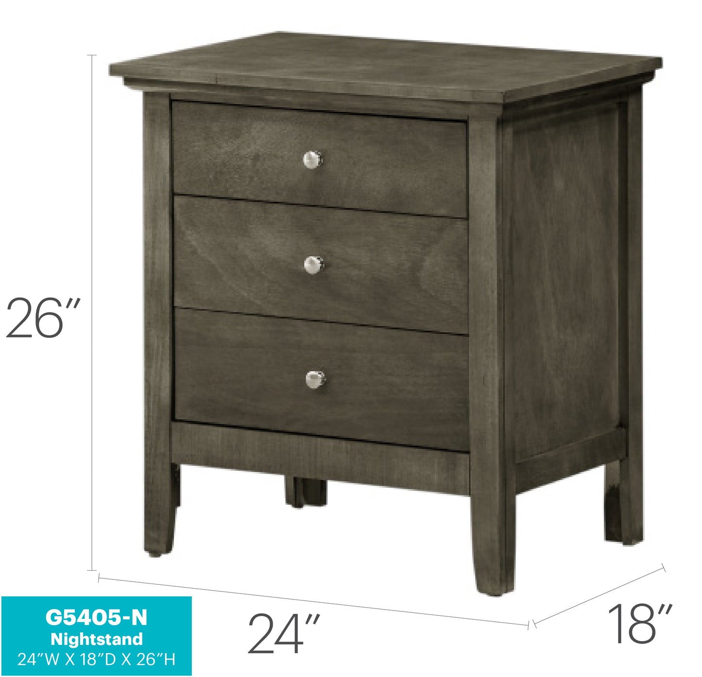 Gray Nightstand with Three Drawers - 24"W x 18"D