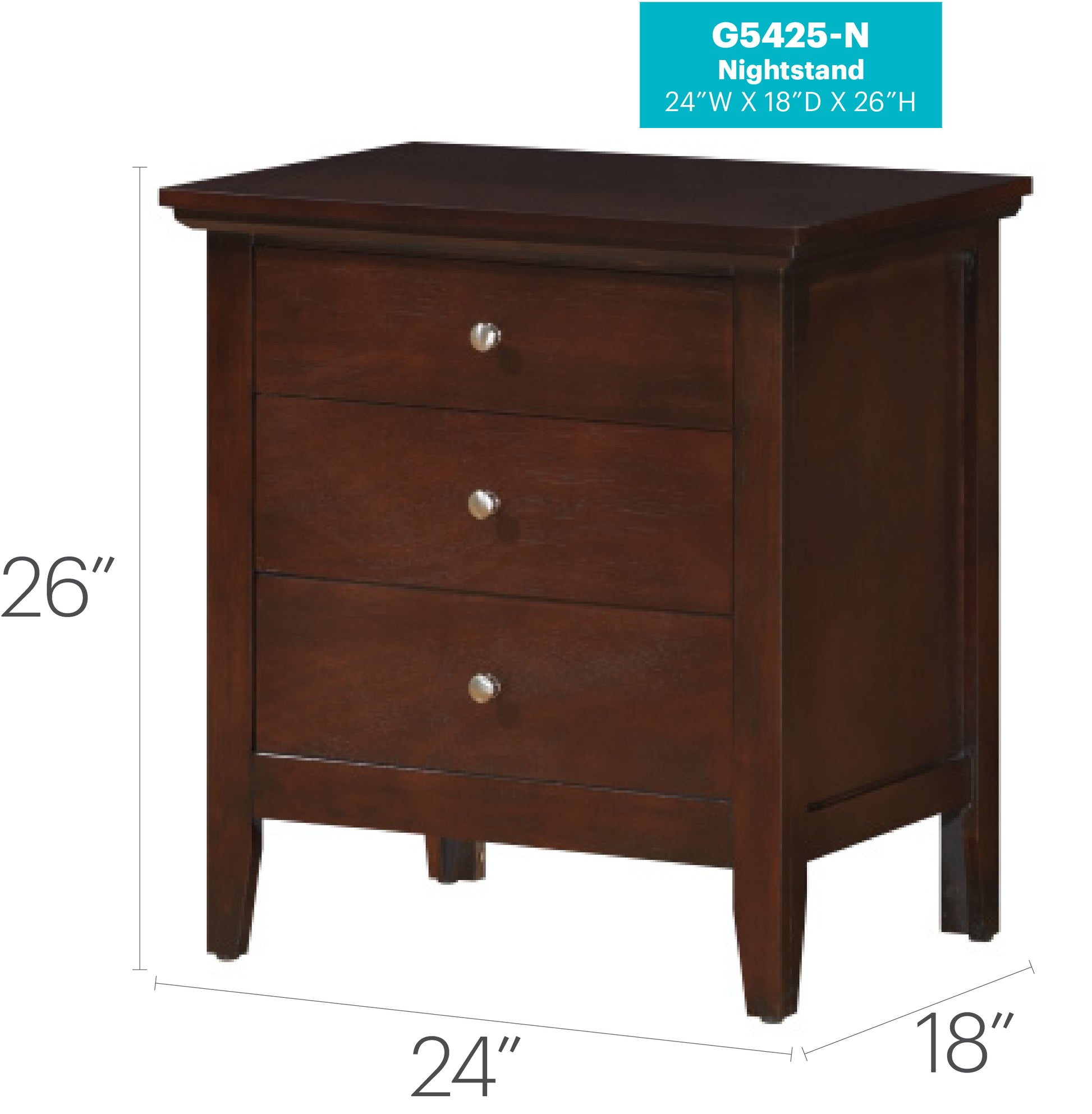 Cappuccino 3 Drawer Nightstand - 24" Wide for Bedroom