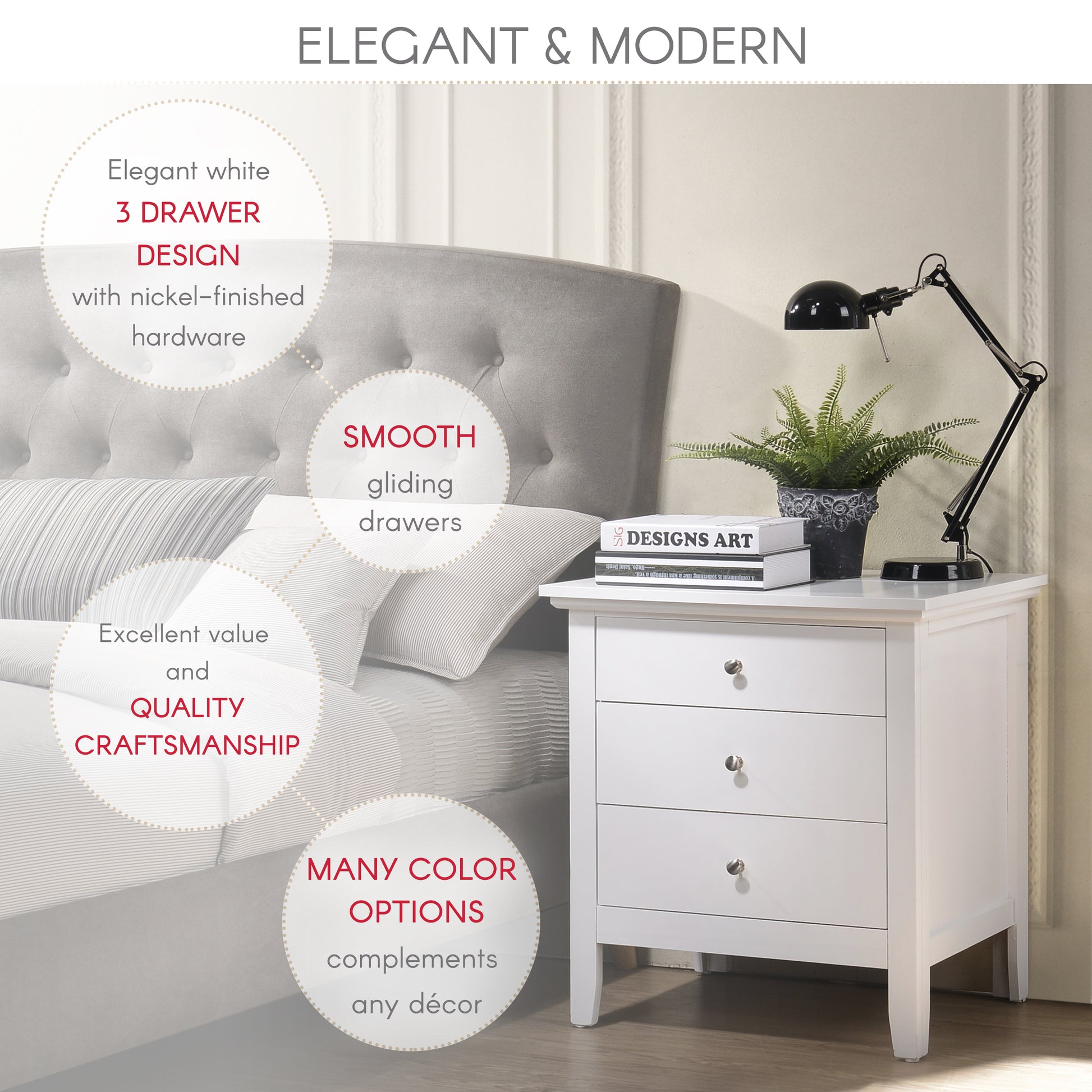 24" White Particle Board Nightstand - No Assembly for Bedroom