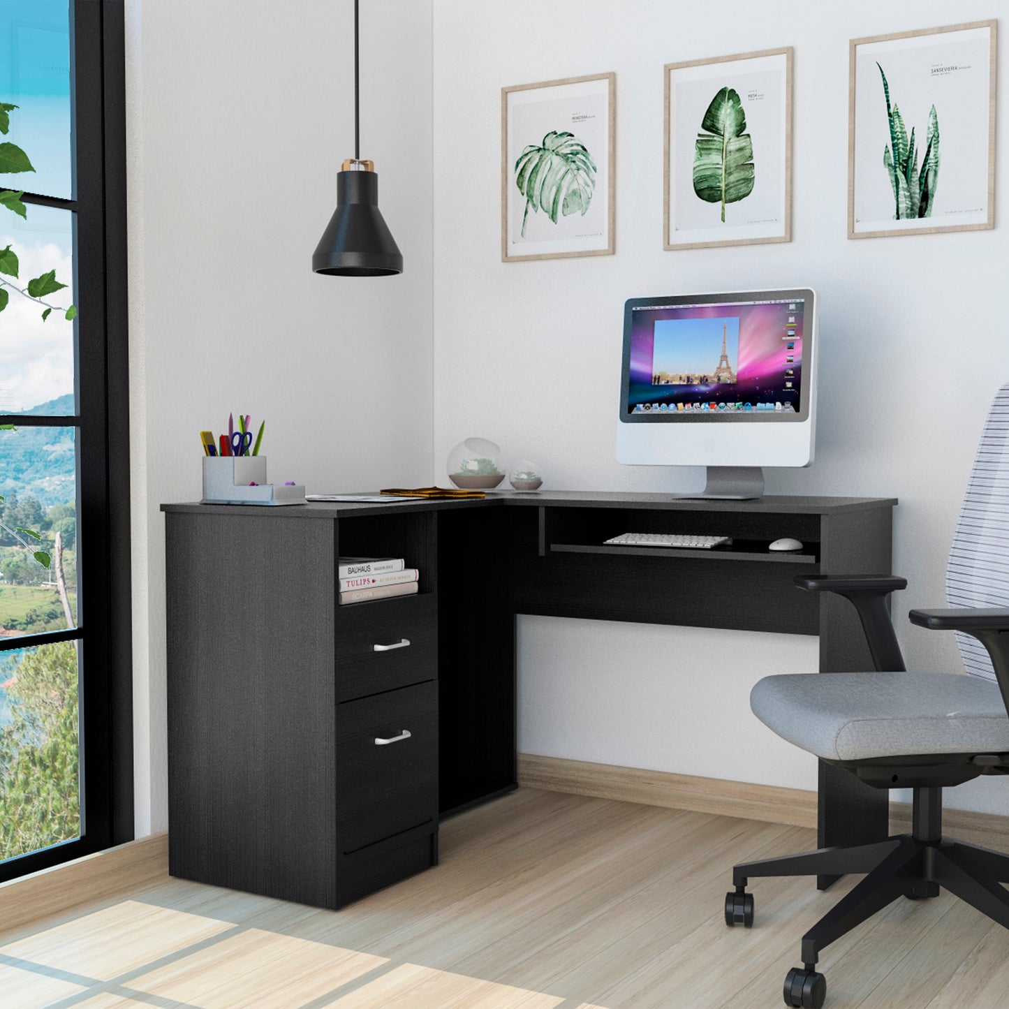 L-Shaped Desk Bradford, Keyboard Shelf, Black Wengue Finish