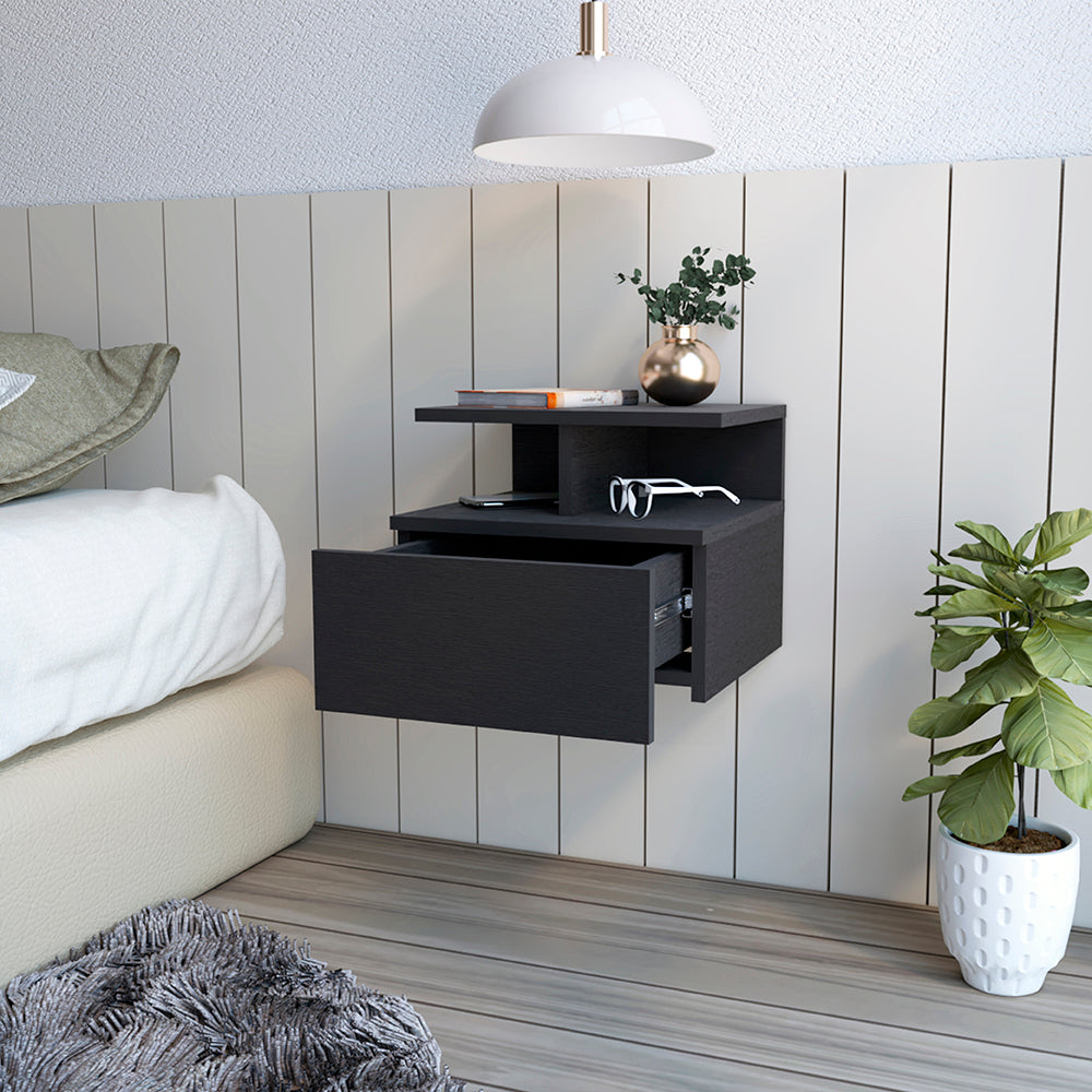 Black Particle Board Nightstand with Drawer - 13.23" W for Bedroom