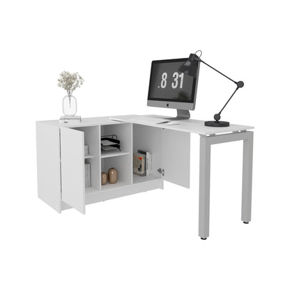 White Rotating L-Shaped Desk - Compact Workspace for Home Office