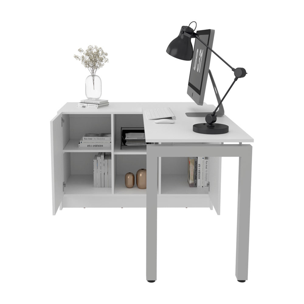 White Rotating L-Shaped Desk - Compact Workspace for Home Office