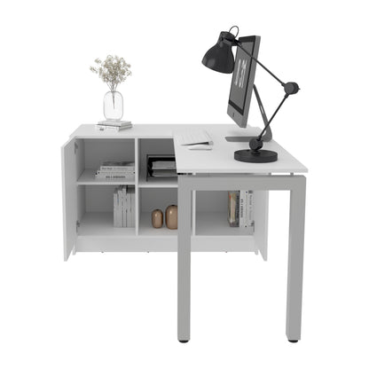 White Rotating L-Shaped Desk - Compact Workspace for Home Office
