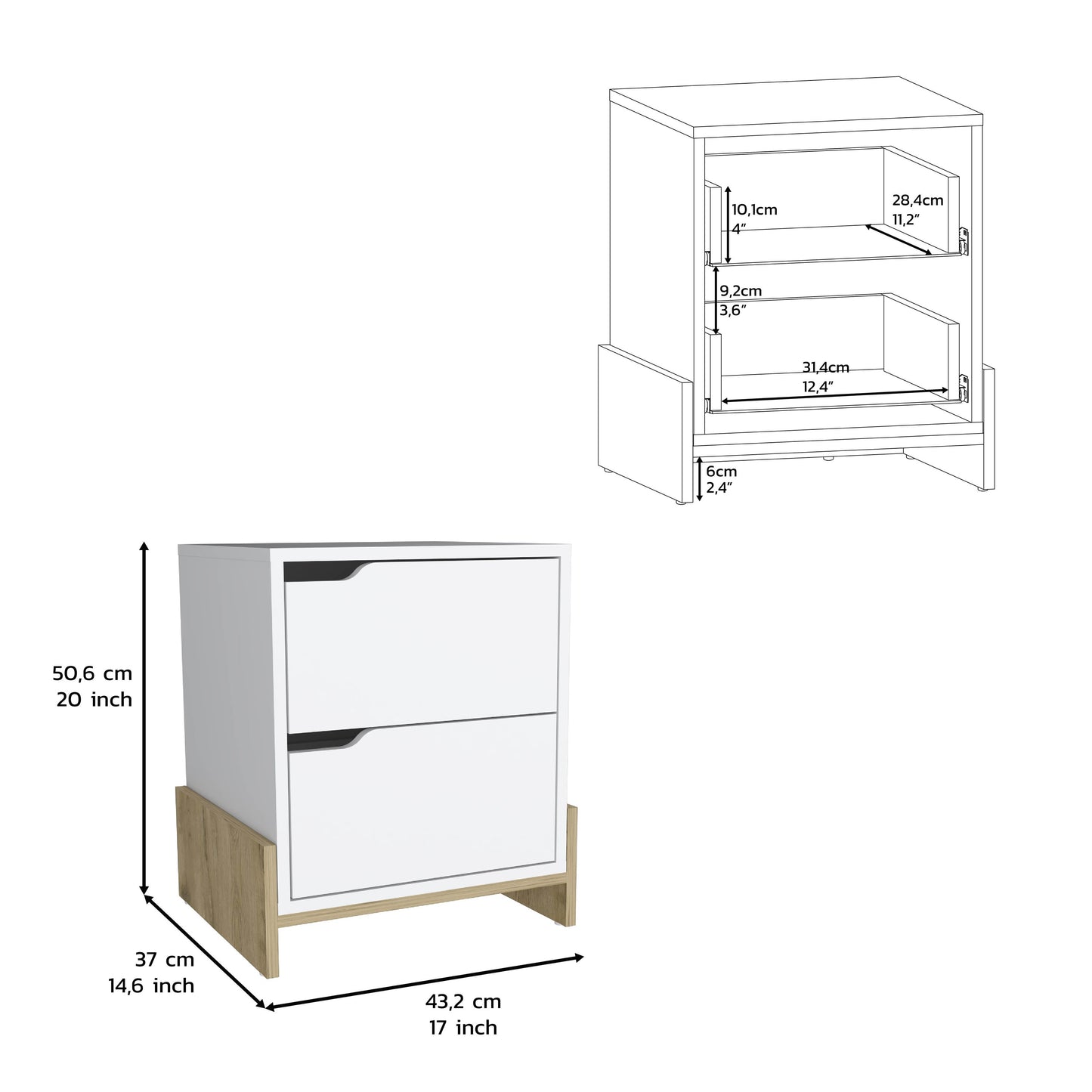 Multicolor Particle Board Nightstand - 2 Drawers, Storage Shelf for Bedroom