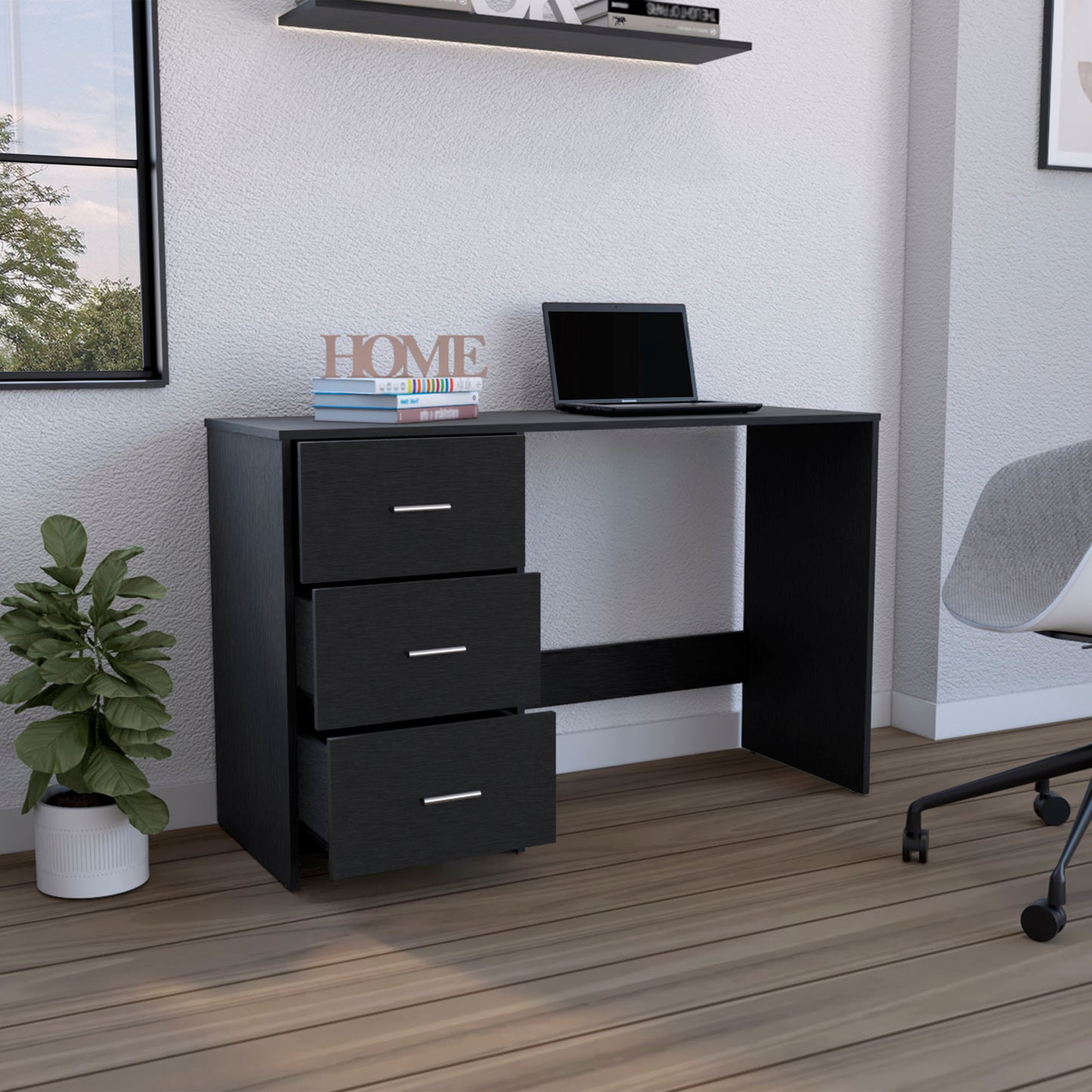 Black Particle Board Writing Desk with 3 Drawers for Home Office