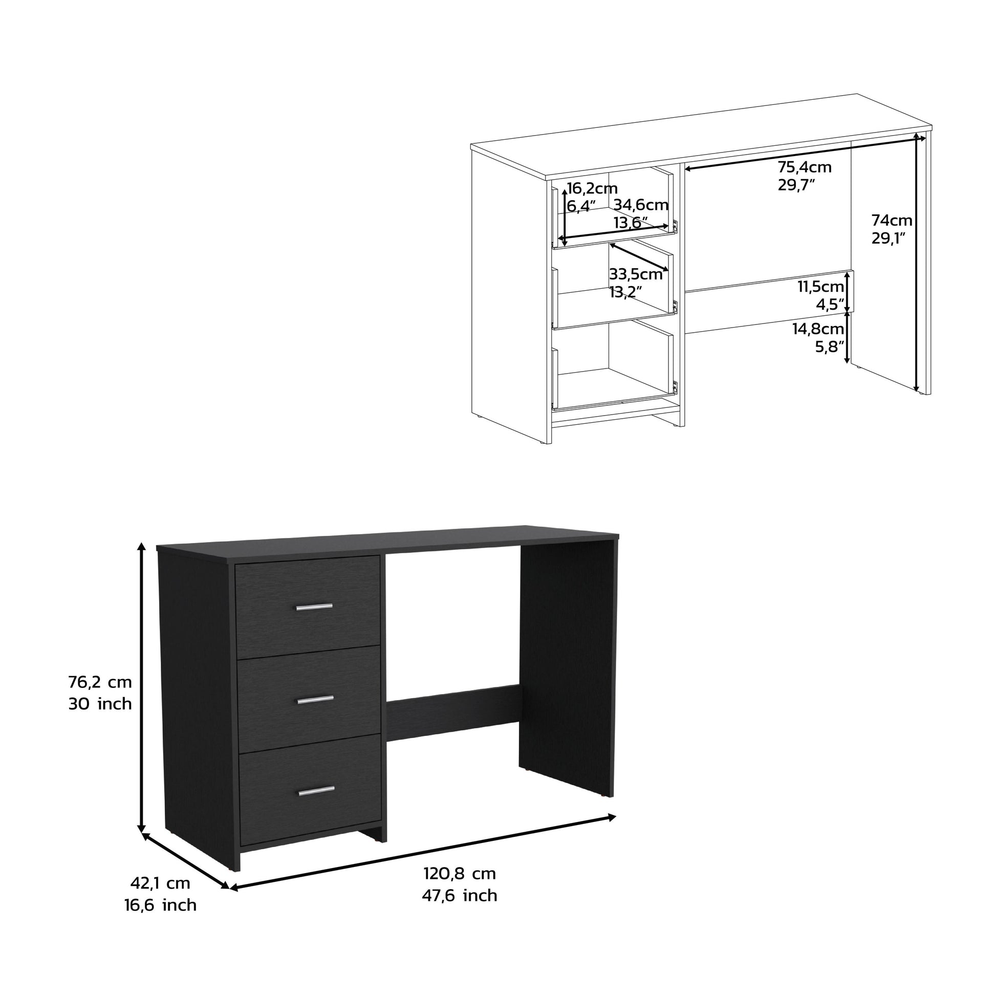 Black Particle Board Writing Desk with 3 Drawers for Home Office