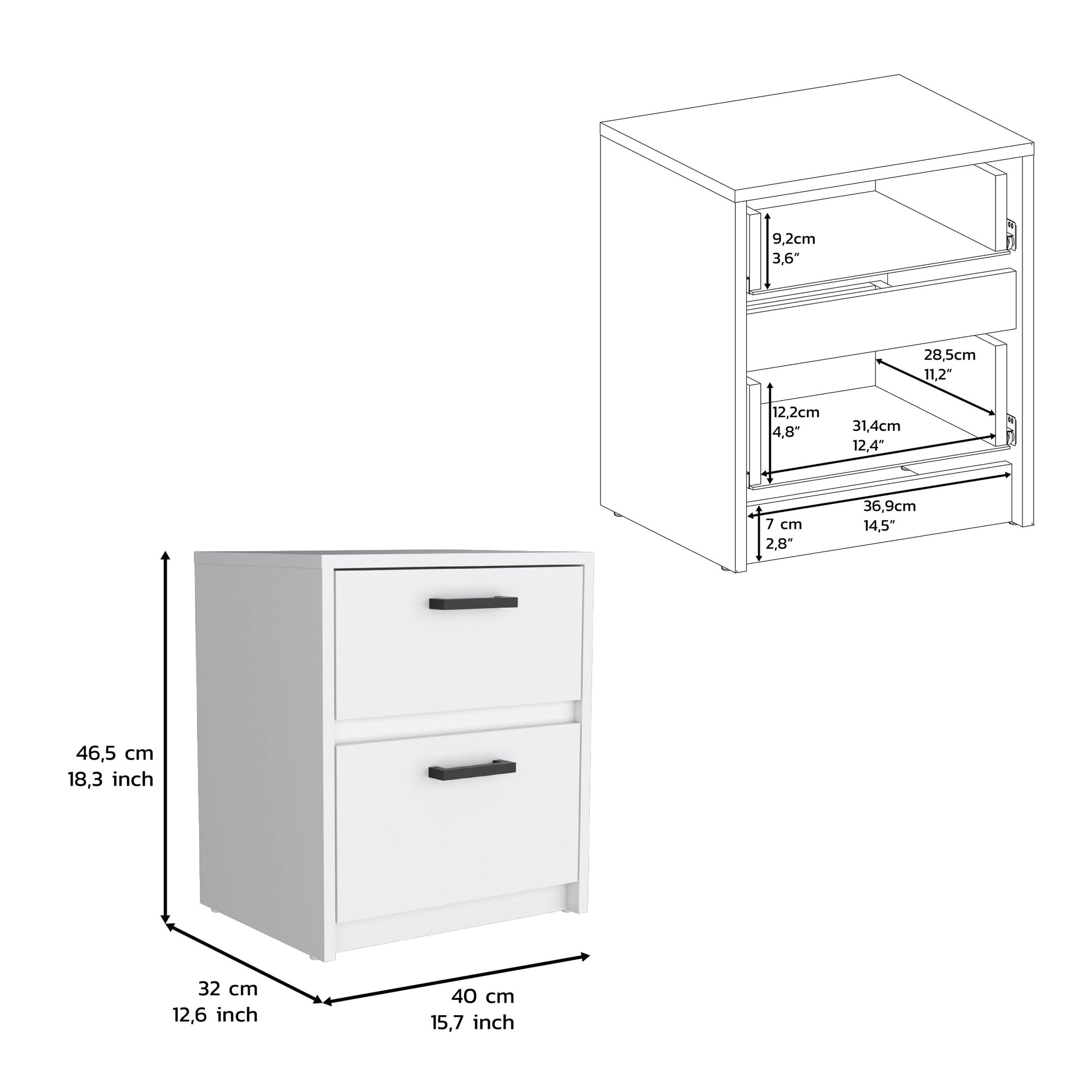White Nightstand with Two Drawers - 18"H