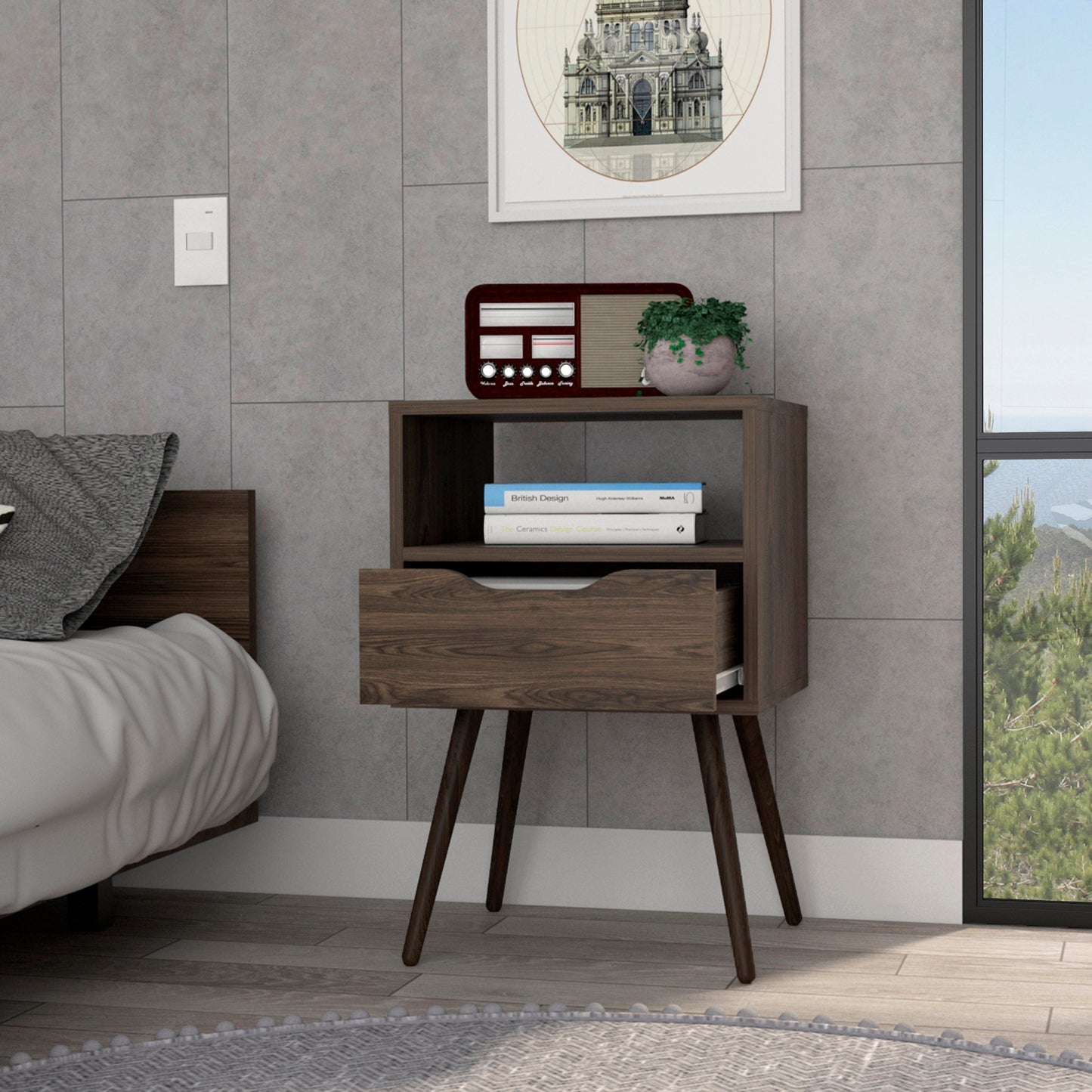 Brown Nightstand with Drawer and Shelf - 24.8" High