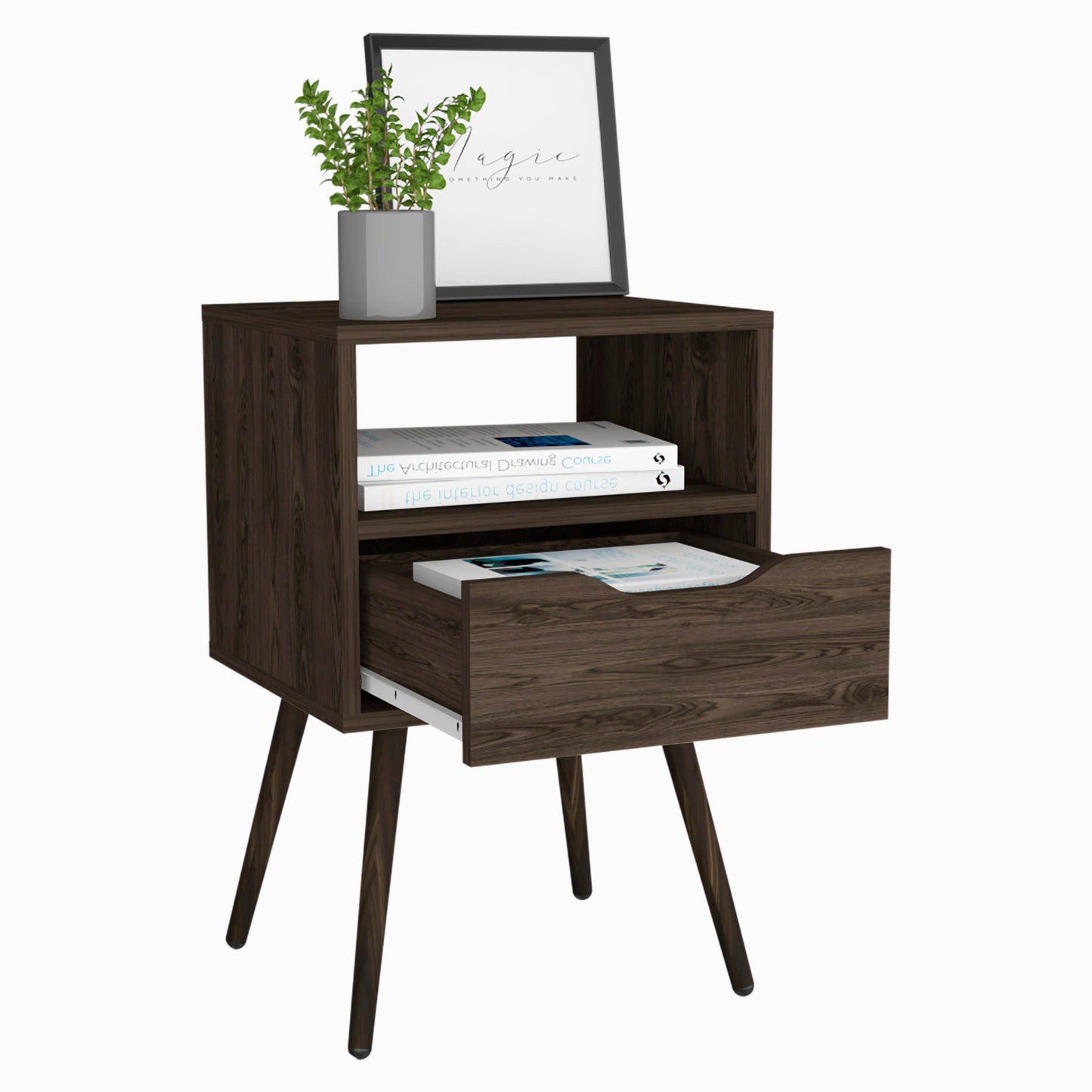 Brown Nightstand with Drawer and Shelf - 24.8" High