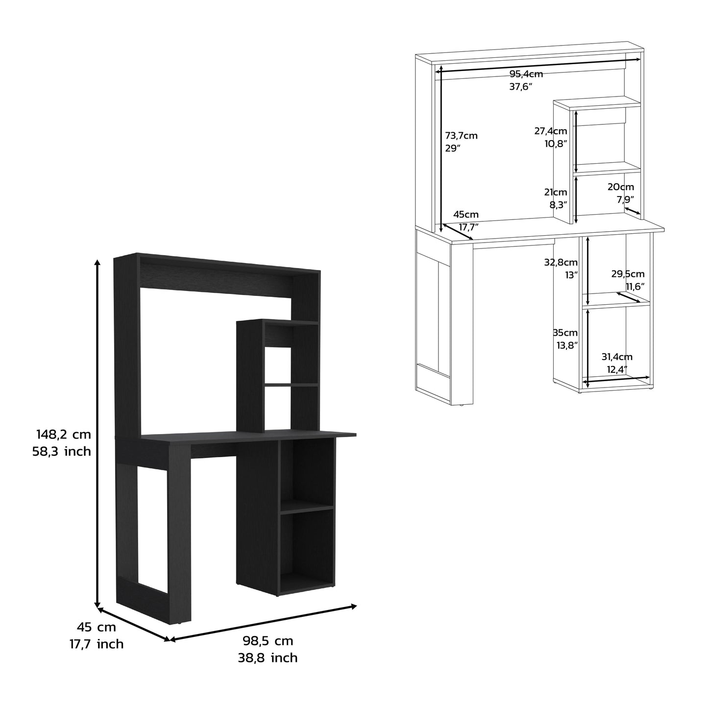 Black Computer Desk with Storage Shelves - 38.8" Work Surface for Home Office