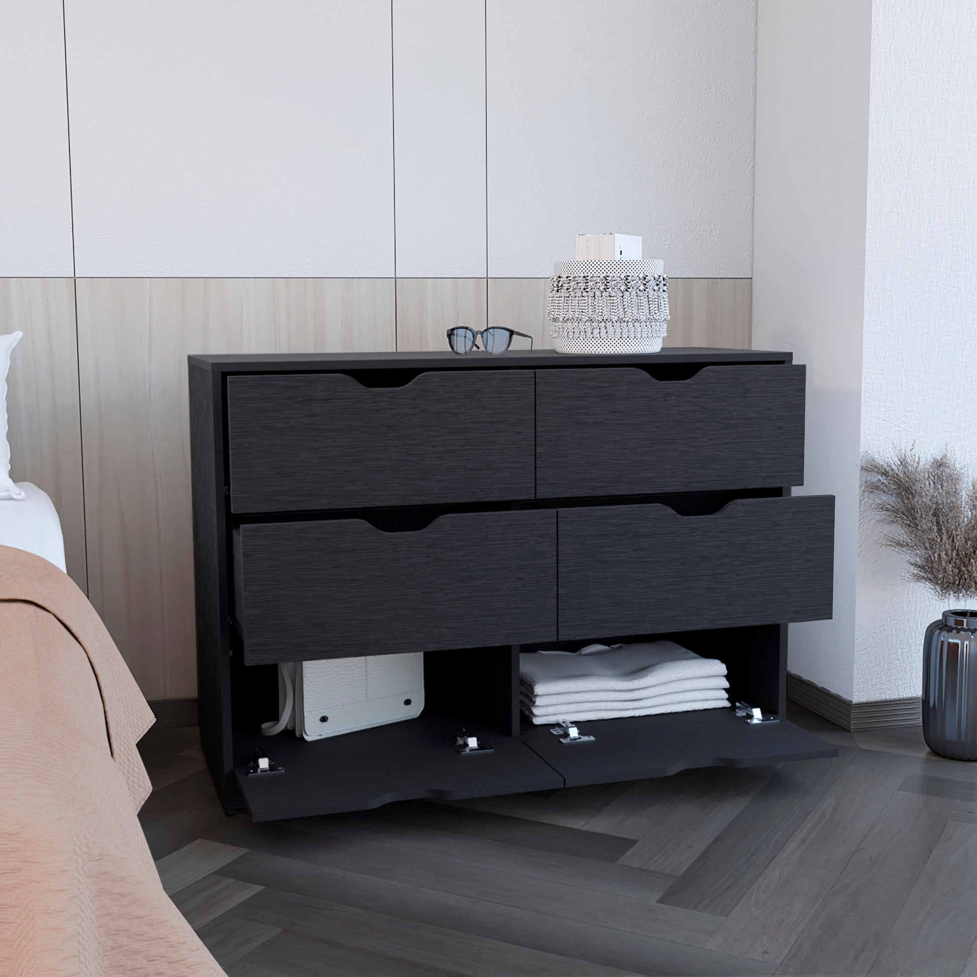 30" Black Dresser with Four Drawers & Lower Cabinets for Bedroom