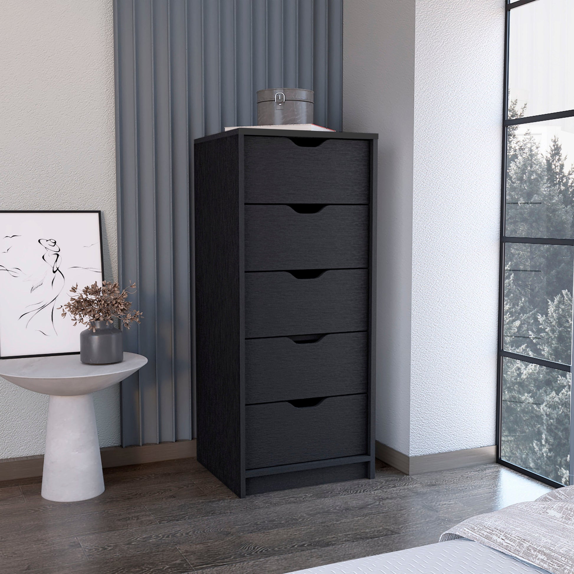 Dresser 42"H, 5 Drawers , Slim Storage Chest of Drawers, Black