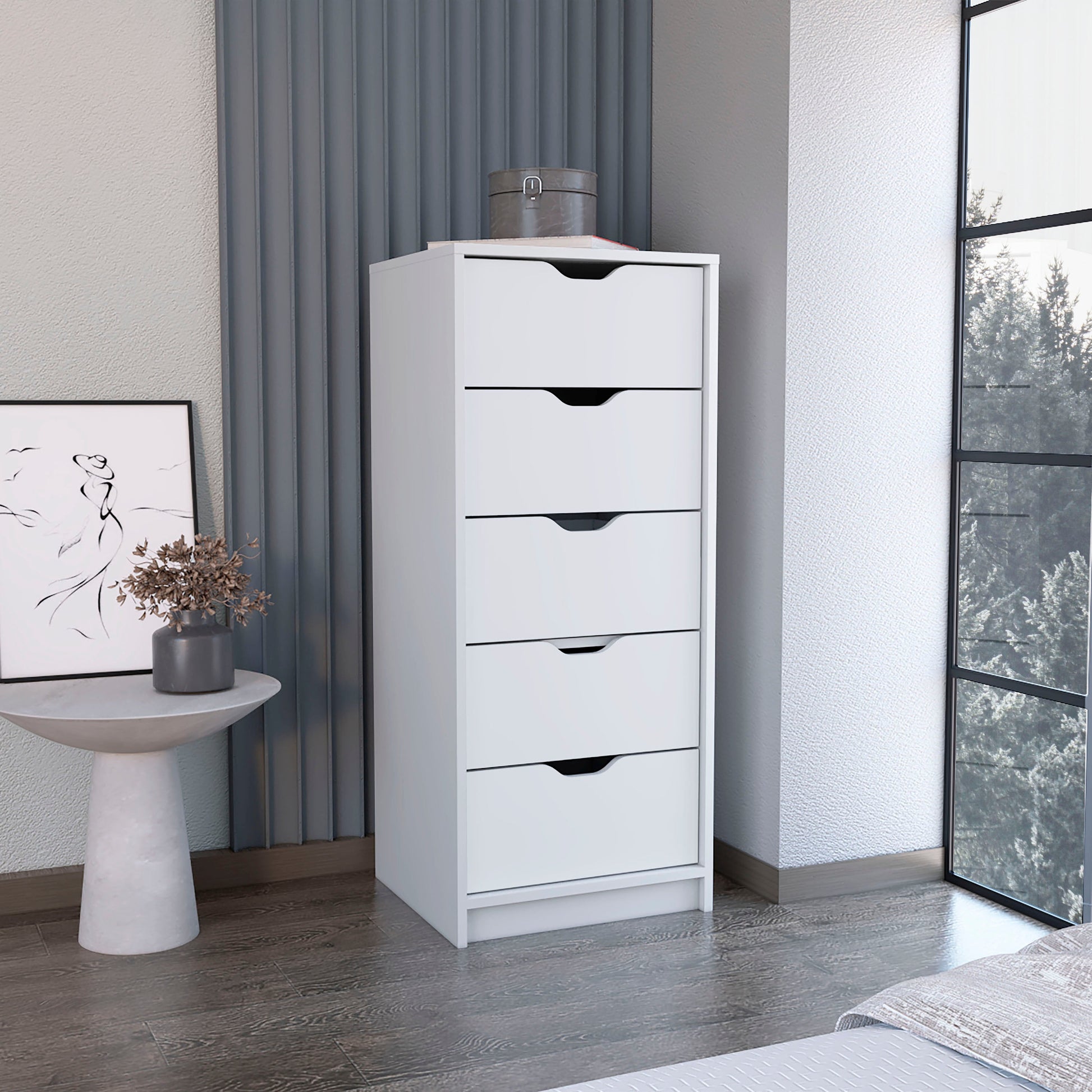 Dresser 42"H, 5 Drawers , Slim Storage Chest of Drawers, White