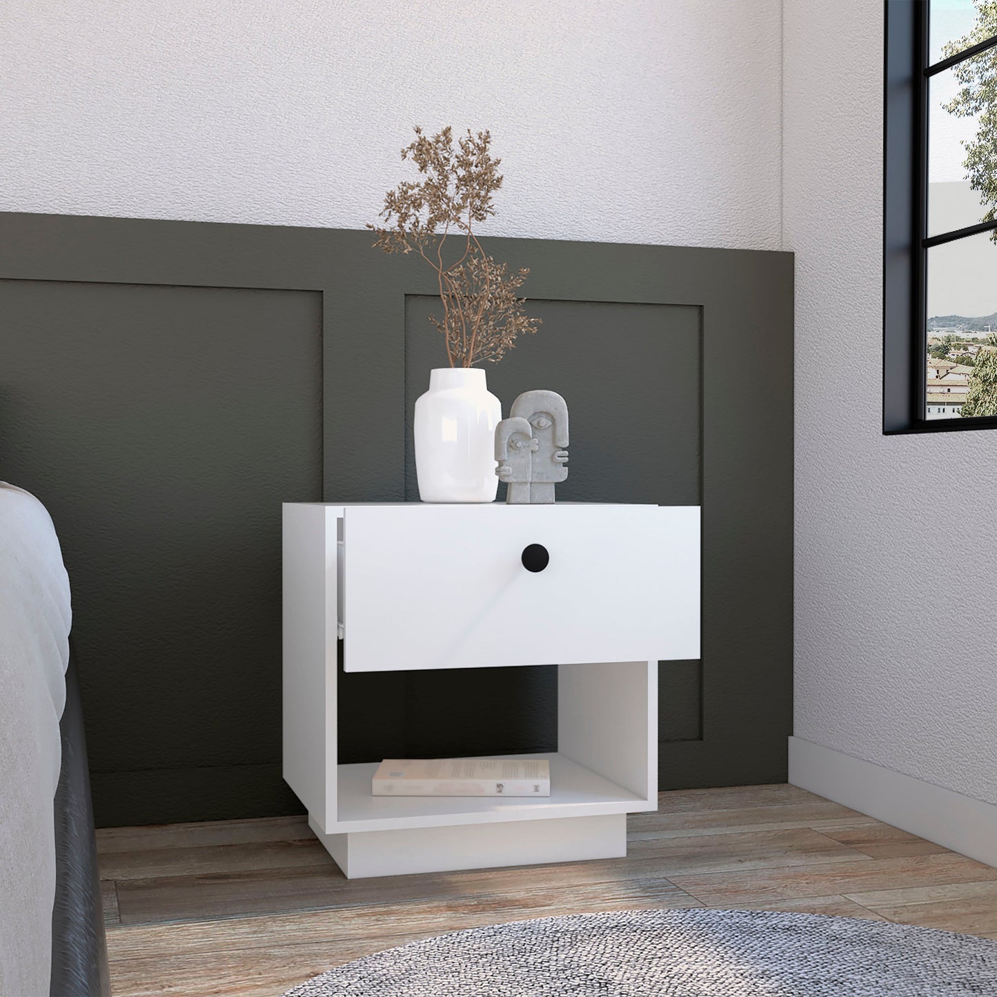 White Particle Board Nightstand - Open Shelf & Drawer