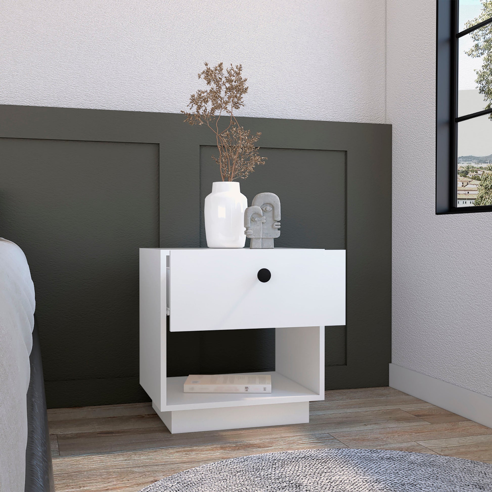 White Particle Board Nightstand - Open Shelf & Drawer