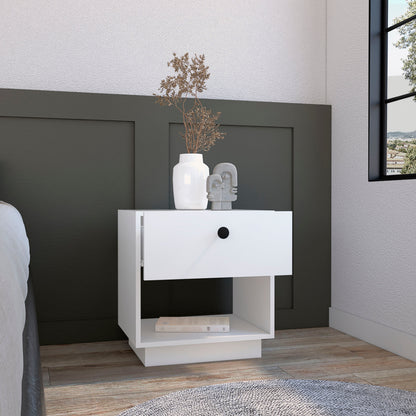 White Particle Board Nightstand - Open Shelf & Drawer