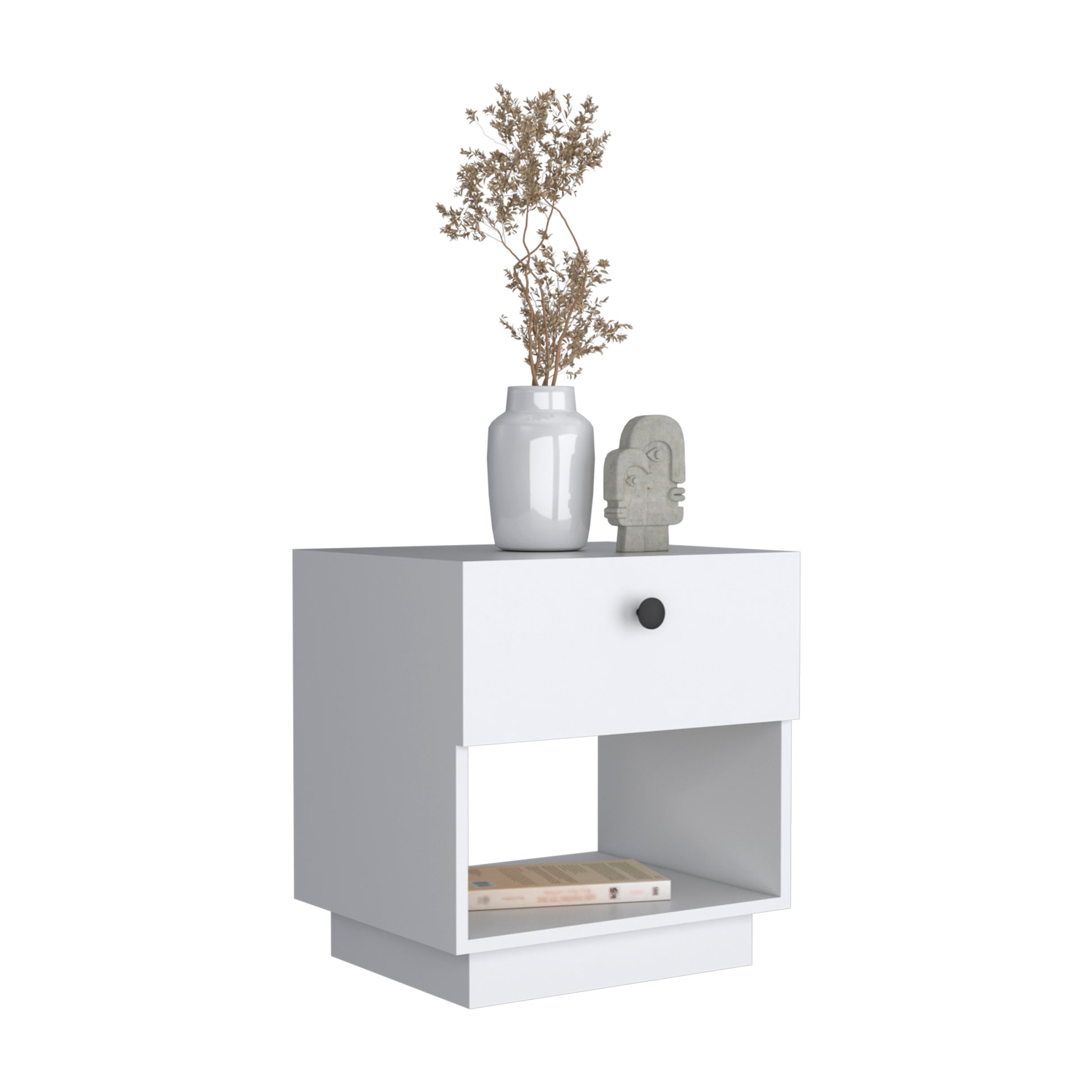 White Particle Board Nightstand - Open Shelf & Drawer