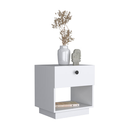 White Particle Board Nightstand - Open Shelf & Drawer