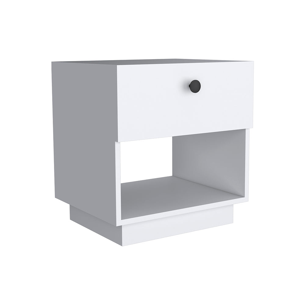 White Particle Board Nightstand - Open Shelf & Drawer