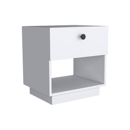 White Particle Board Nightstand - Open Shelf & Drawer