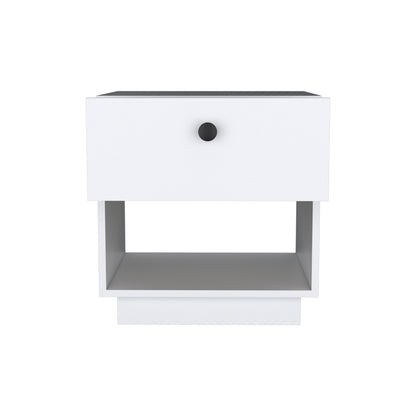 White Particle Board Nightstand - Open Shelf & Drawer