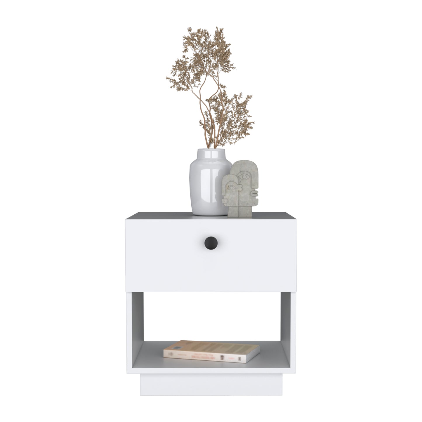 White Particle Board Nightstand - Open Shelf & Drawer