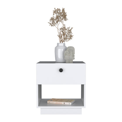 White Particle Board Nightstand - Open Shelf & Drawer
