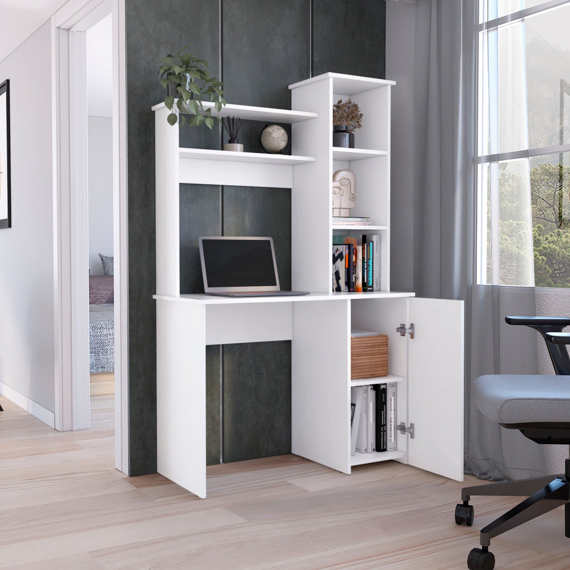 White Particle Board Computer Desk with Hutch Storage for Office Work for Home Office