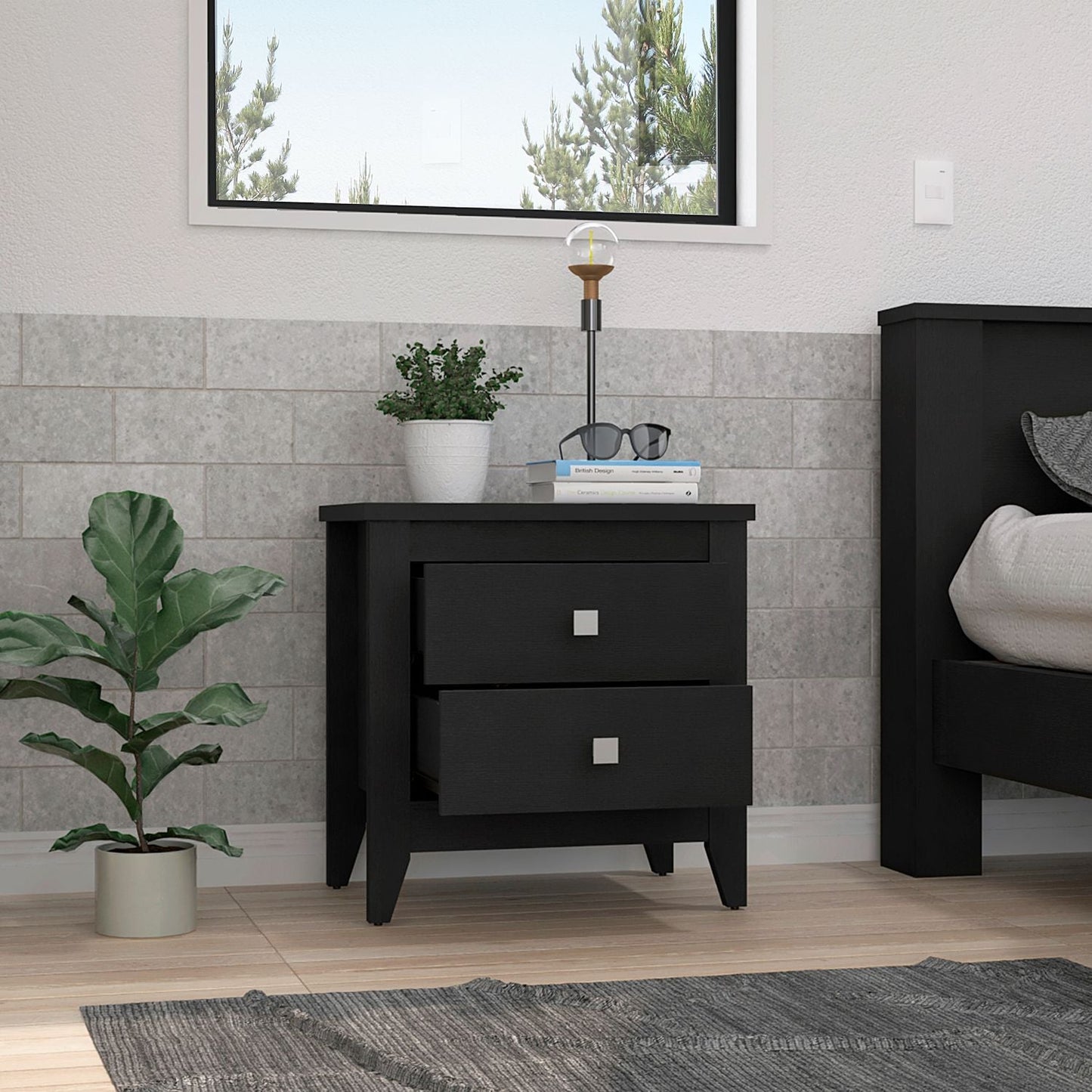 Black Nightstand with Two Drawers - 24" High for Bedroom