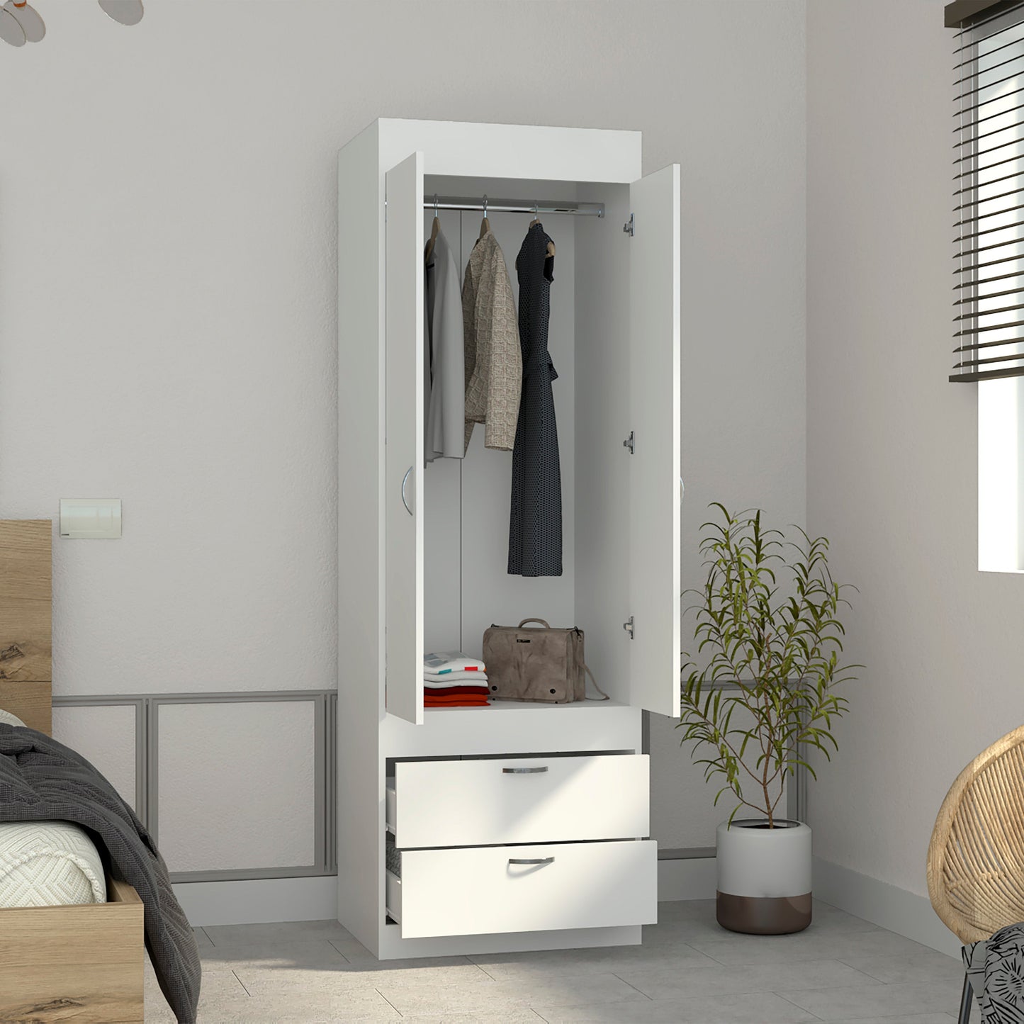 White 70H Dresser with 2 Doors & Hanging Rod