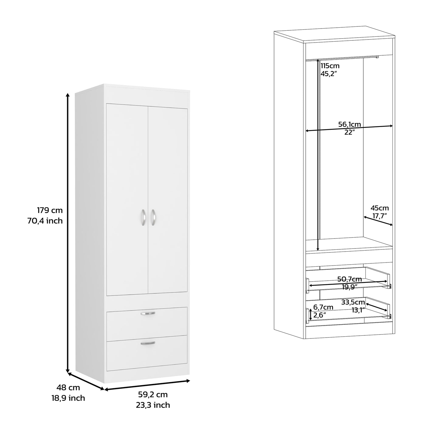 White 70H Dresser with 2 Doors & Hanging Rod