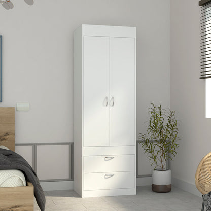Armoire 70H", Double Door Cabinet, Two Drawers, Metal Handles, Rod, White