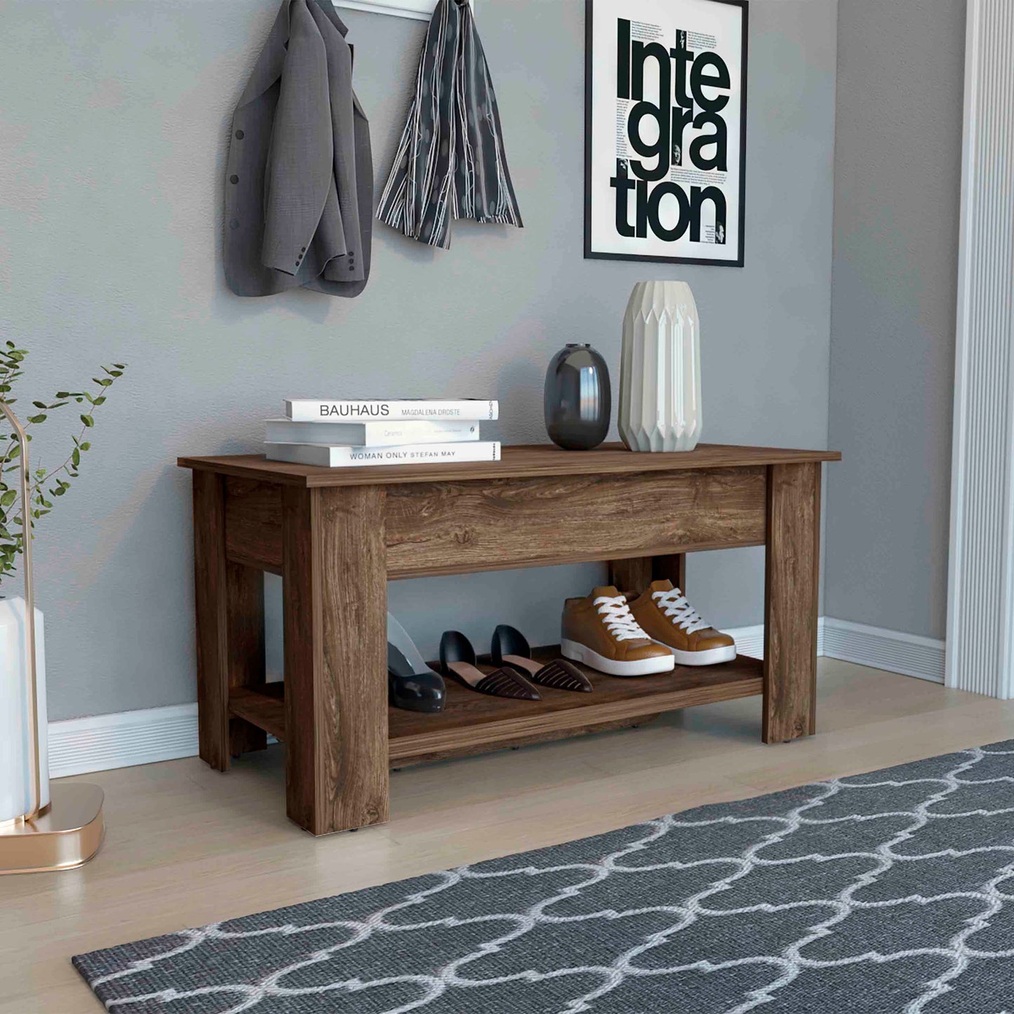 Dark Brown Storage Table - 4 Legs, Lower Shelf
