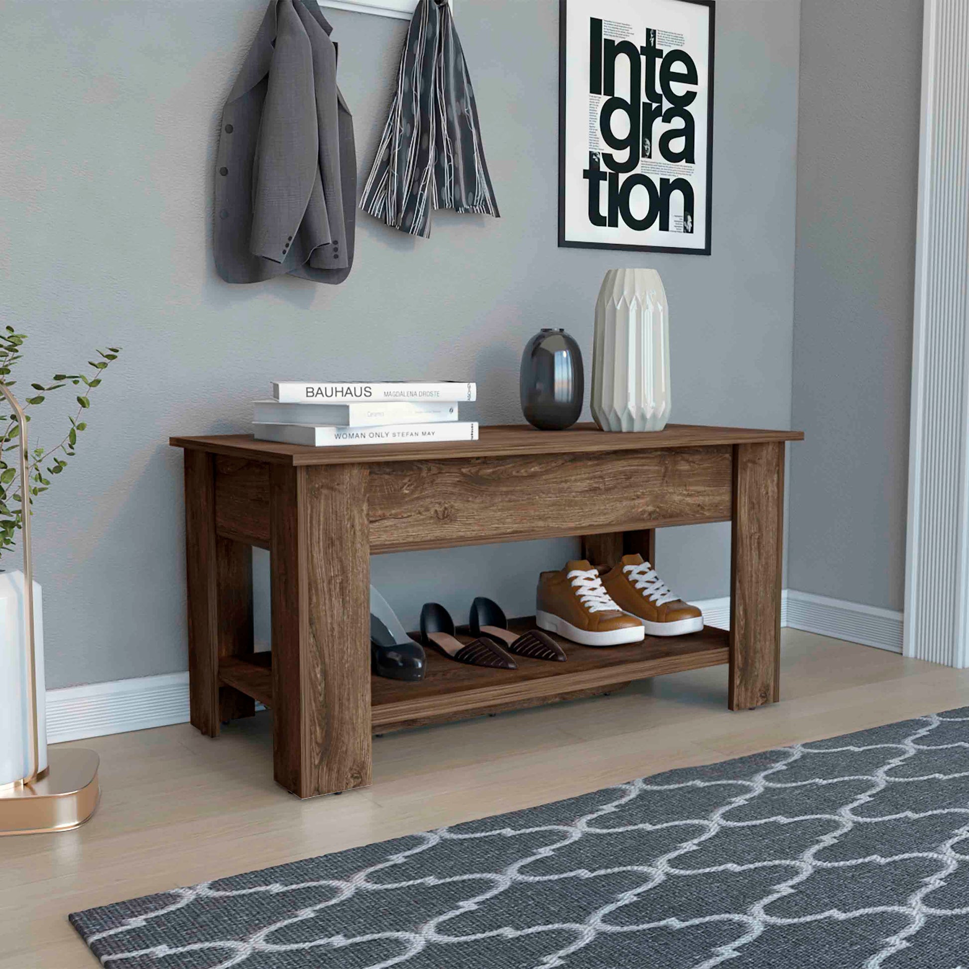 Dark Brown Storage Table - 4 Legs, Lower Shelf