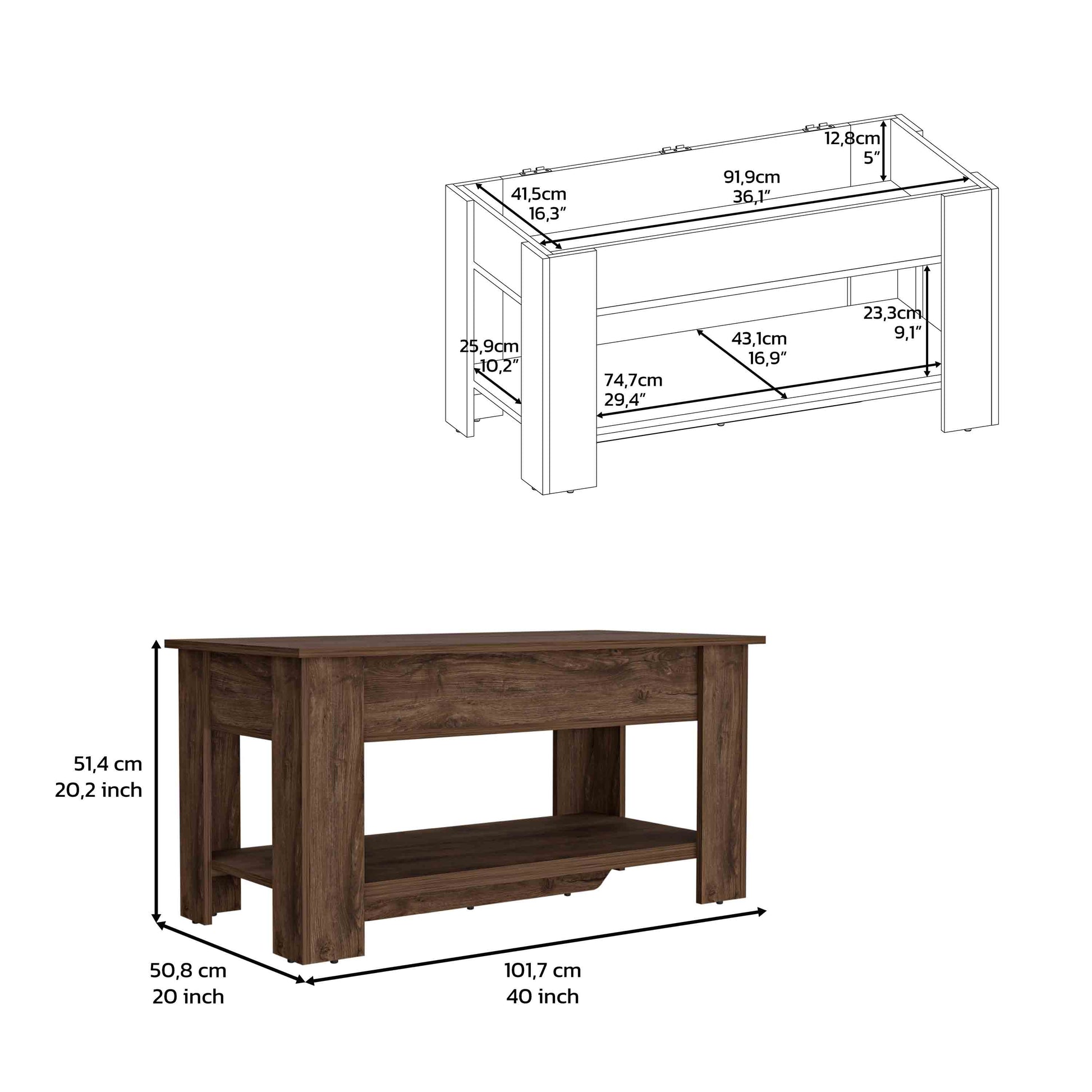 Dark Brown Storage Table - 4 Legs, Lower Shelf