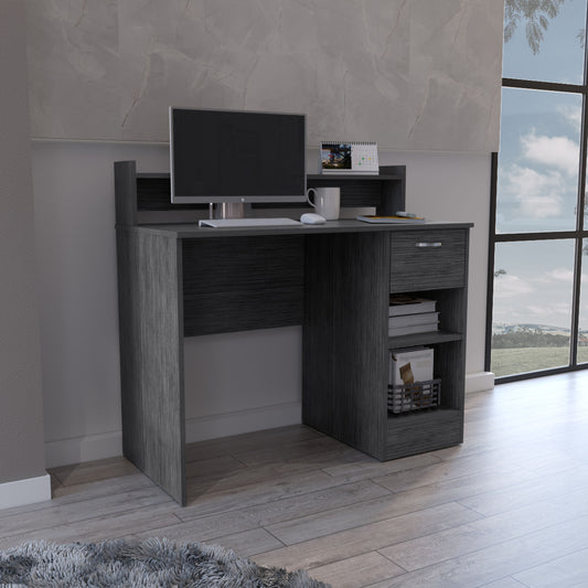 Computer Desk with Top Open Shelf, 1-Drawer and 2-Storage Shelves, Smokey Oak