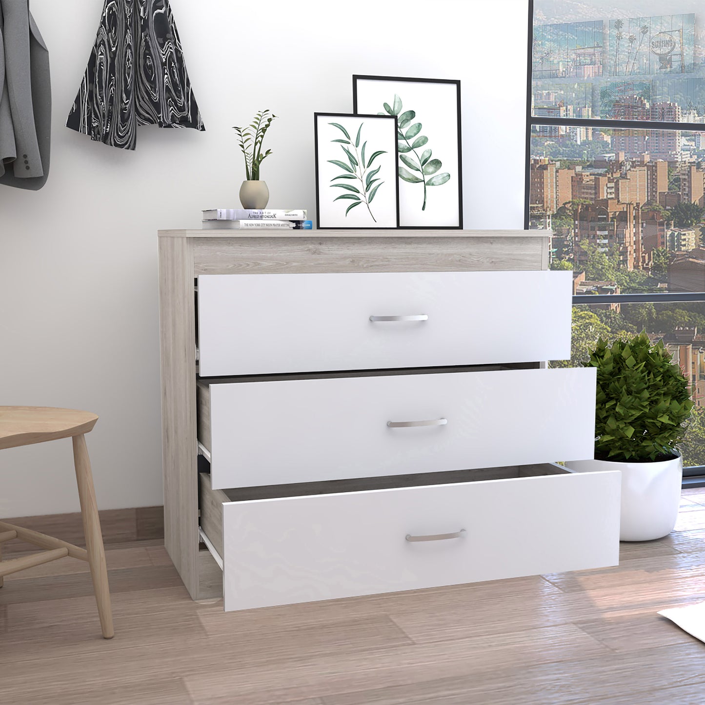 Dresser 29"H, Three Drawers, Multicolor Engineered Wood