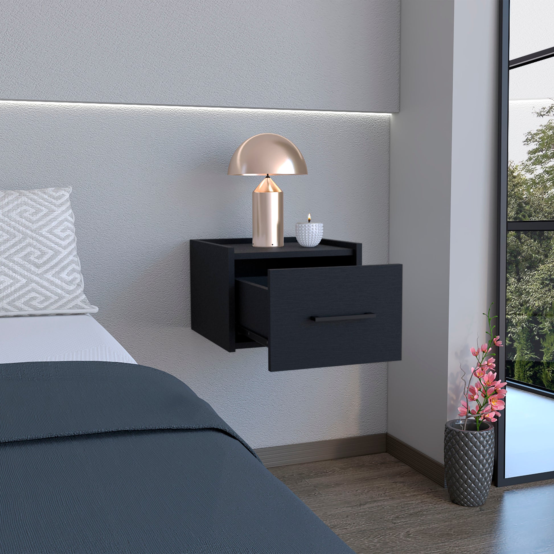 Black Wall-Mounted Nightstand with 1 Drawer - Bedroom Storage